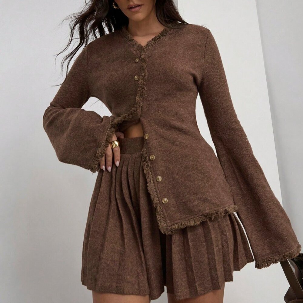Brown Casual Women's Frayed Flare Sleeve Top & Pleated Hem Skirt knit Set - Picture 4 of 6